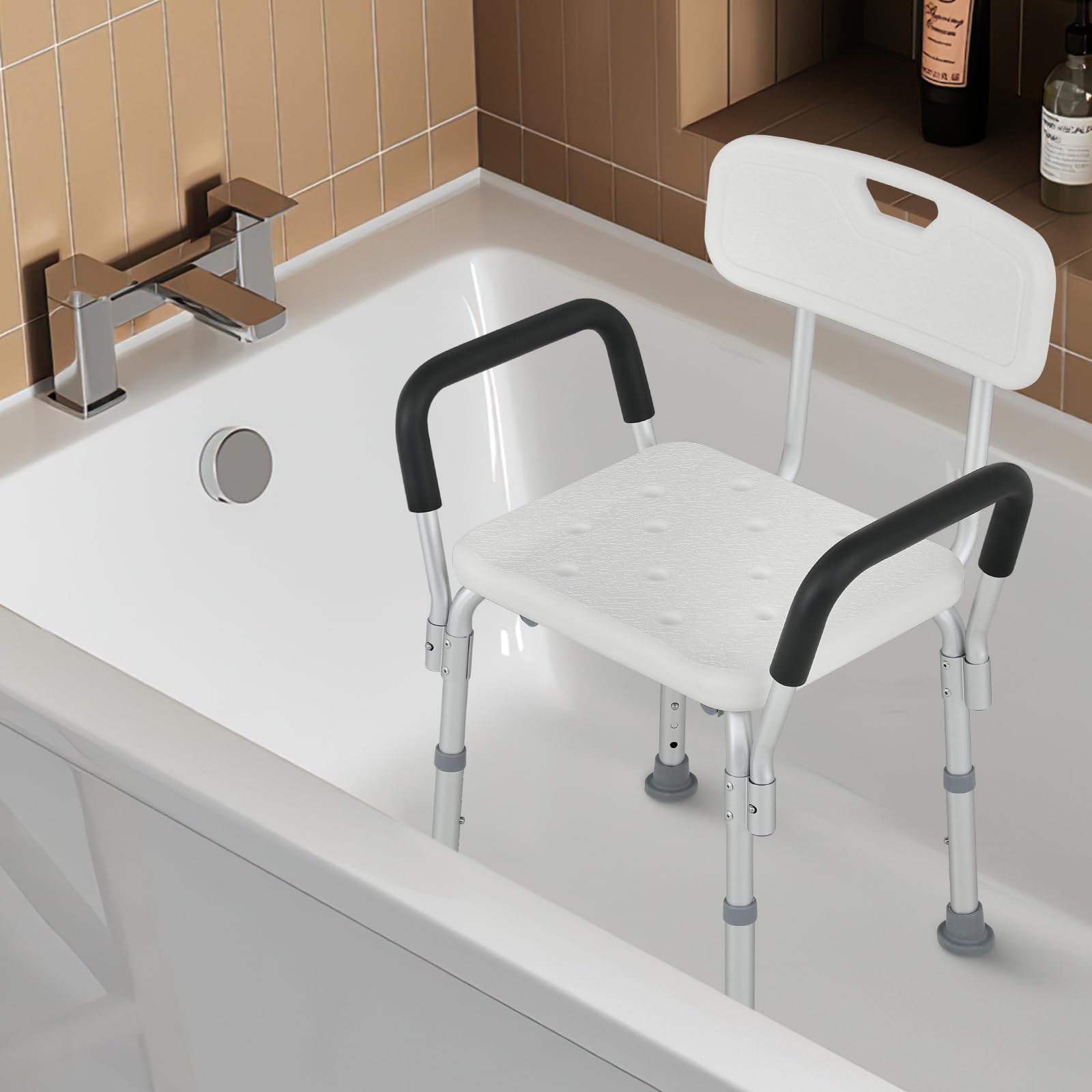 monicare Silla de ducha de altura ajustable para baño, bañera interior con respaldo y reposabrazos acolchado, silla de baño de seguridad antideslizante para adultos, personas mayores, personas