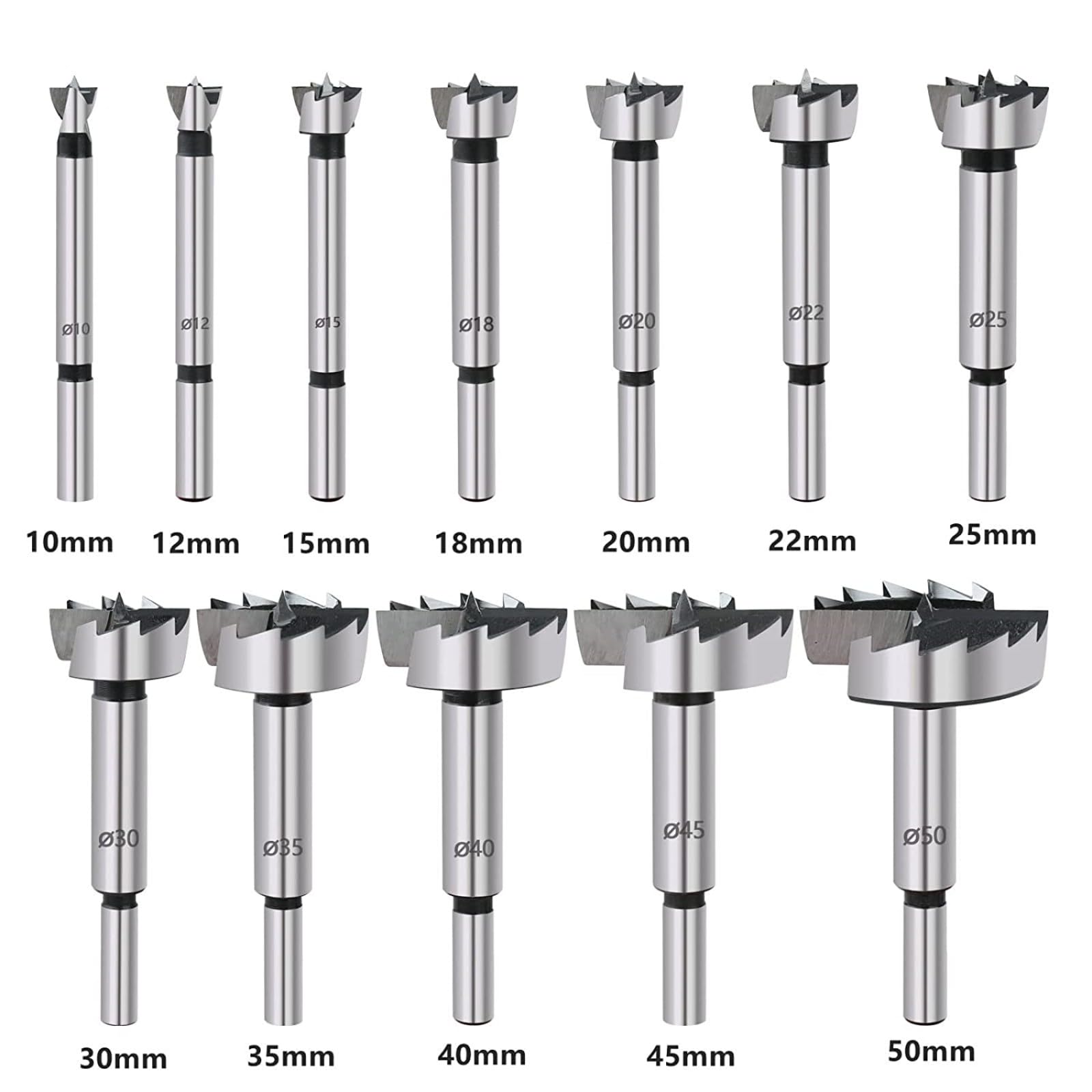 Set di 12 punte Forstner, 10 – 50 mm, per legno a denti molti, in acciaio con alto contenuto di carbonio con gambo rotondo, fresa per legno massiccio, MDF, plastica, truciolato, compensato