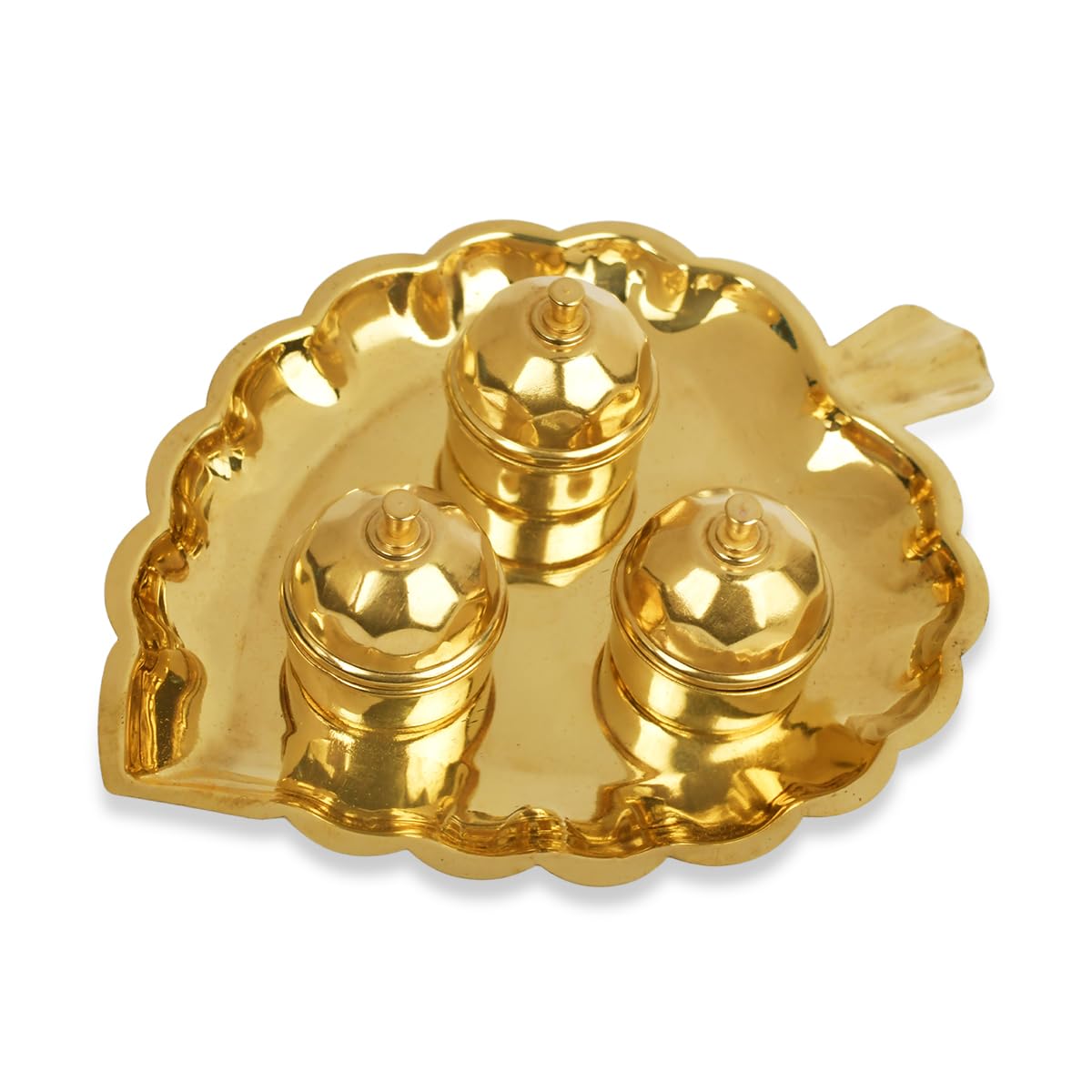 RUDRA CENTREBrass Peepal Leaf Plate with Haldi Kumkum Akshat Rice Containers (Dibbi)