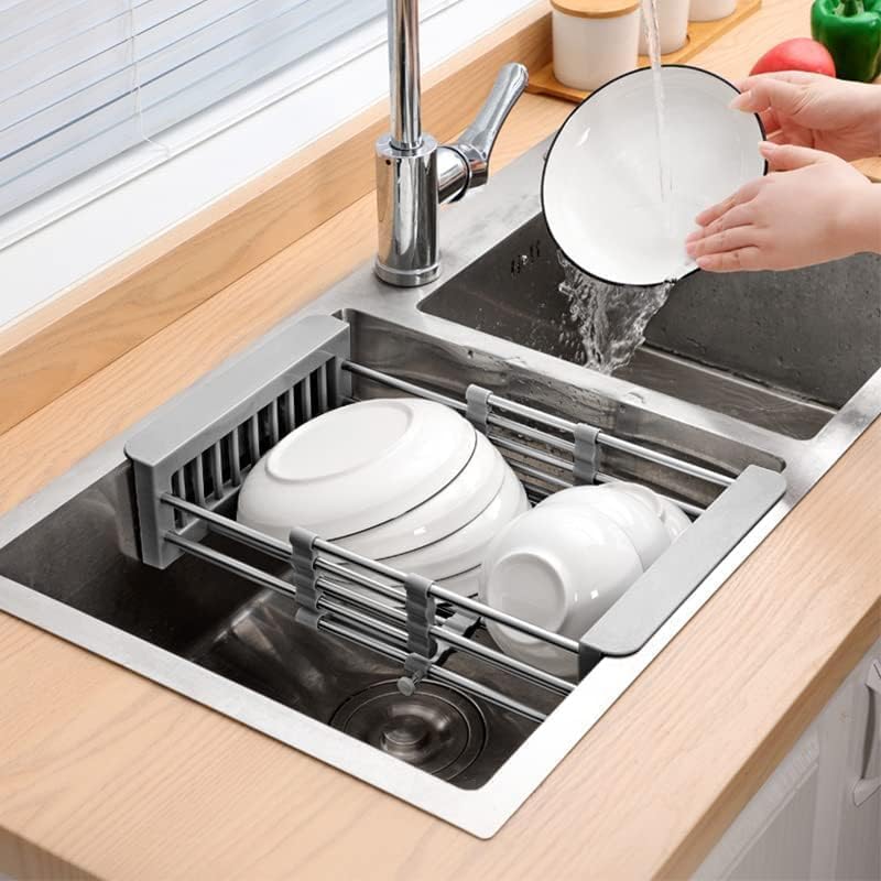Cyrank dish drying rack placed securely over a double kitchen sink.