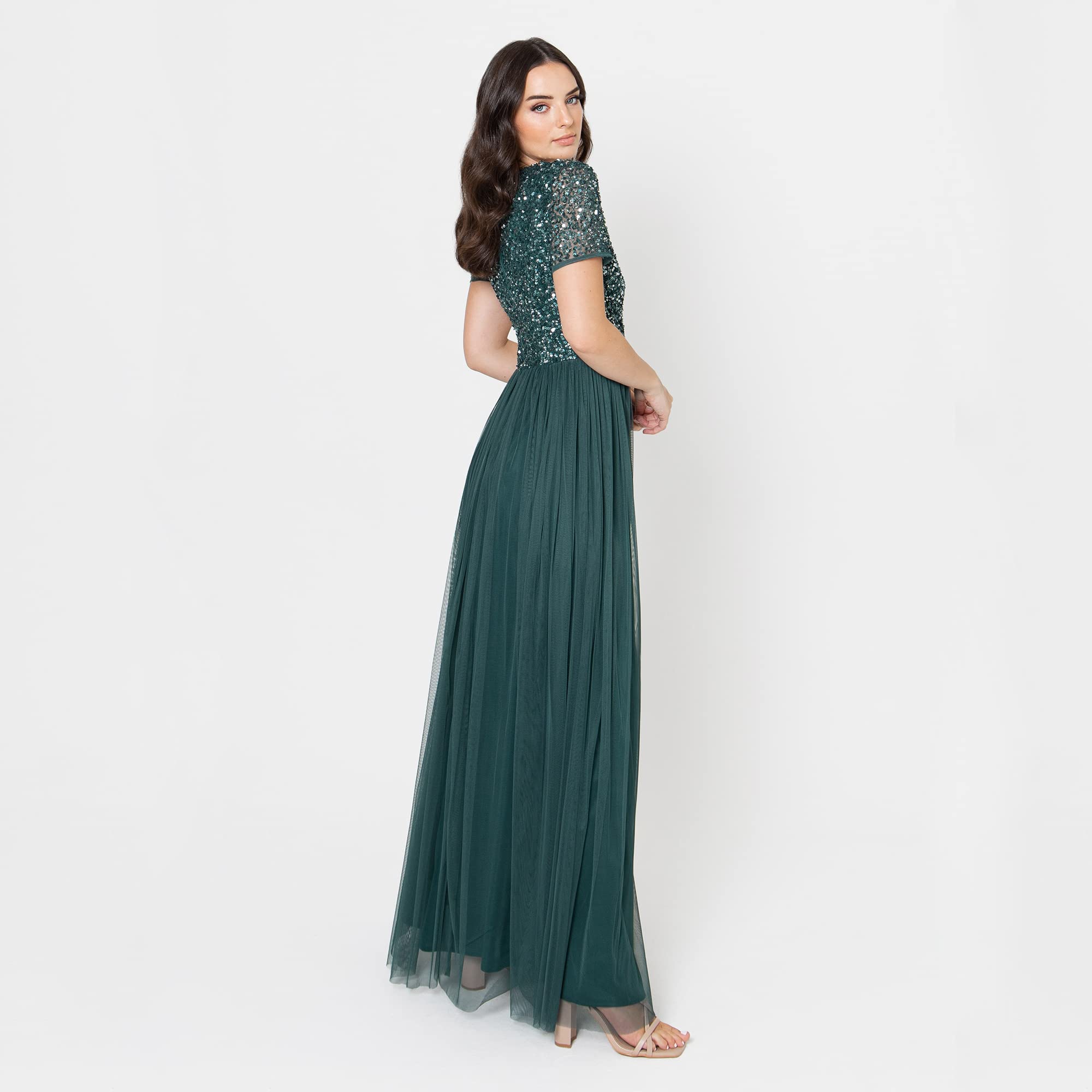 Maya Deluxe Abendkleid mit Pailletten Cocktailkleid Damen mit V-Ausschnitt Tüllkleid Smaragdgrün Größe 54 – Bild 6