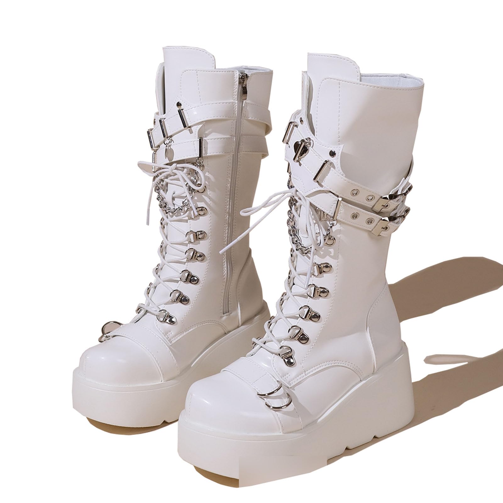 LeaHy Women's Lace-Up Combat Boot Platforms Wedge Goth Punk Side Zipper Combat Military Ankle Boots,White,8 UK