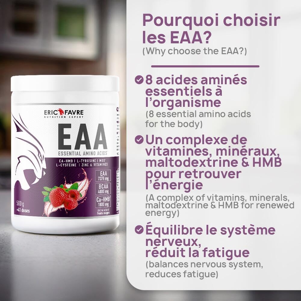 EAA ESSENTIAL AMINO ACIDS - Acides Aminés Essentiels avec CA-HMB, L-Tyrosine, L-Cystéine, Zinc & Vitamines - Formule Énergisante et Réduction de la Fatigue - 500g - Saveur Fruits Rouges - Eric Favre