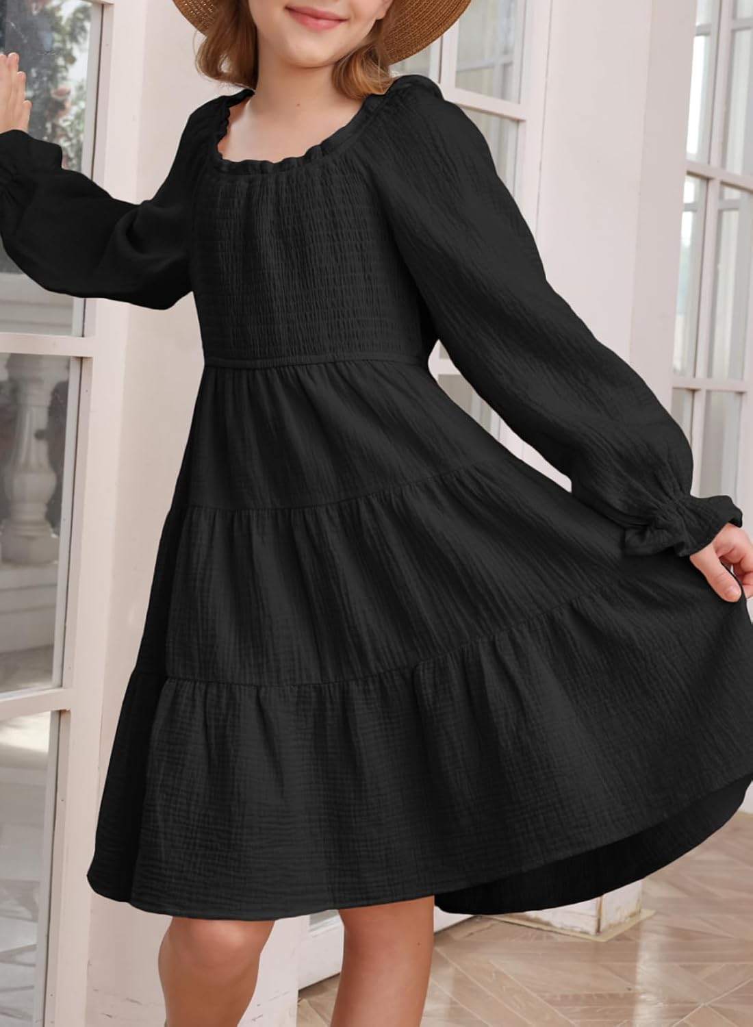 blibean Girls Cotton Long Sleeve Dresses Ruffled Boho Tiered Dress Size 6-15 Years - Image 3