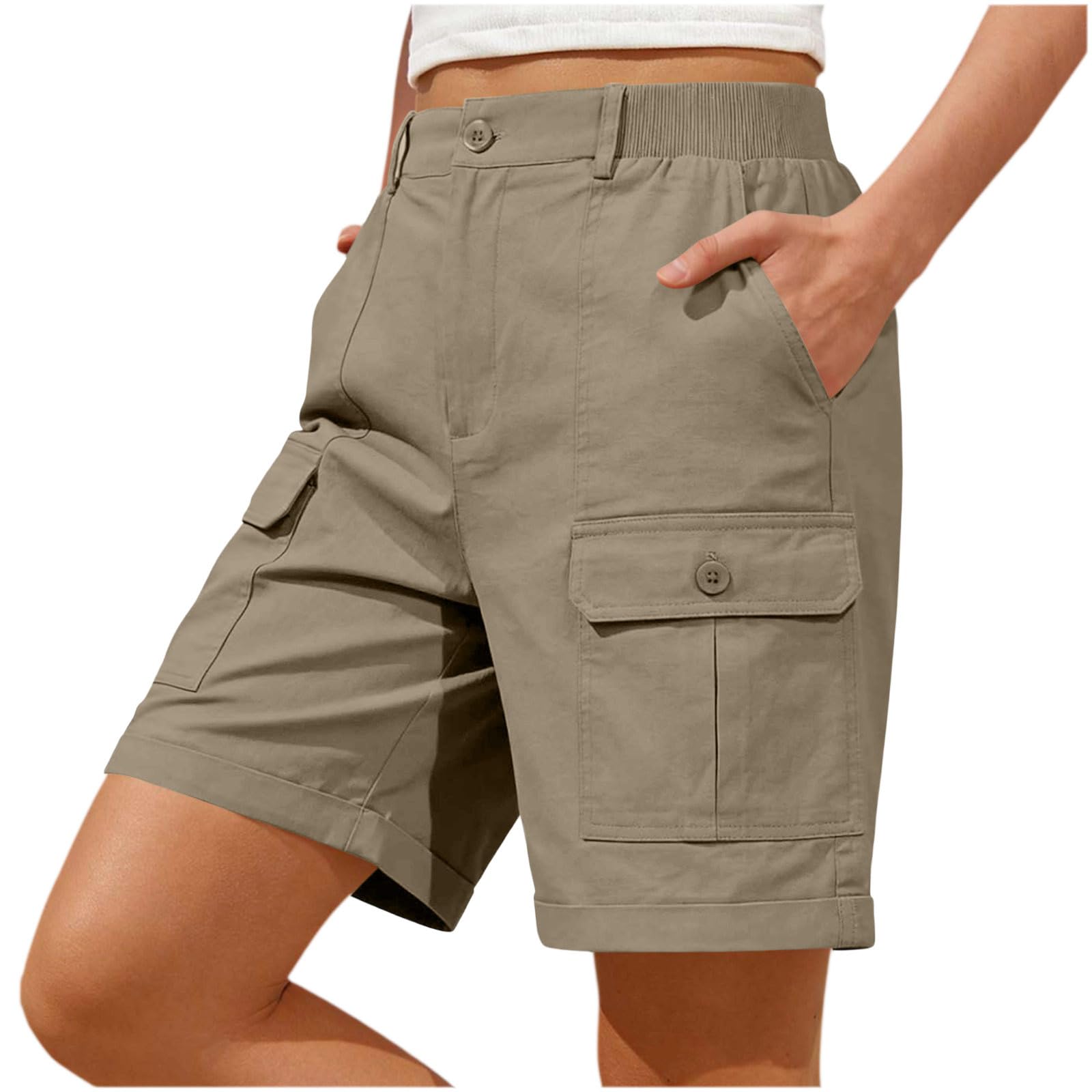Pantalones Cortos Cargo para Mujer Bermuda Casual Verano Bolsillos Botones Pierna Ancha Cintura Alta Secado Rápido