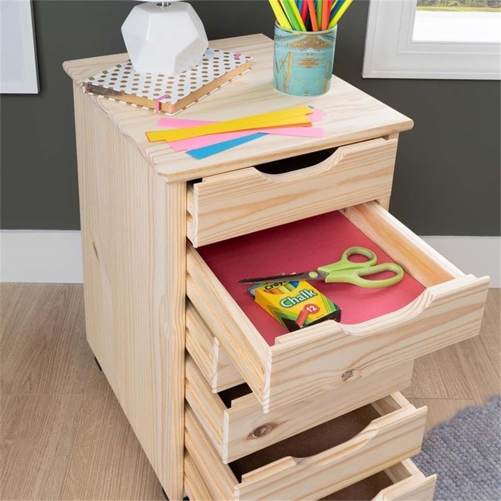 Pemberly Row 6-Drawer Rolling Storage Cart, Unfinished Pine Wood, Compact 13.39" W x 15.35" D x 25.75" H, Recessed Handles, Smooth-Glide Drawers, Casters for Office, Closet, or Home Organization