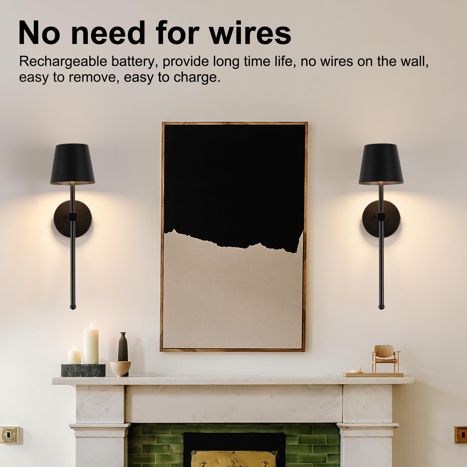 Luces de pared que funcionan con pilas, luces de pared recargables negras de 10000 mAh, paquete de 2 apliques de pared inalámbricos de metal vintage para sala de estar, dormitorios, garaje