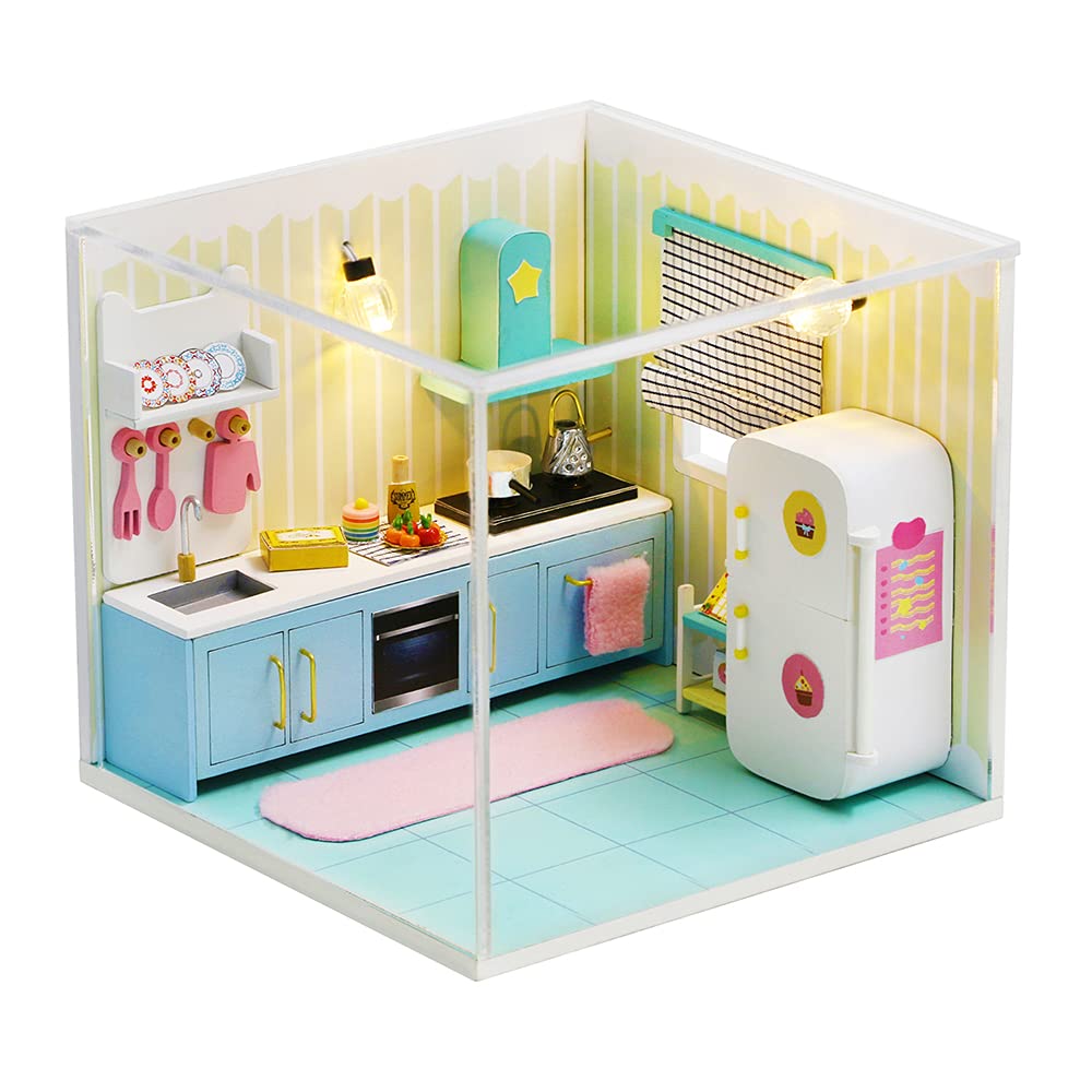 Dollhouse Miniature with Furniture,DIY 3D Wooden Doll House Kit A corner of a Small Apartment Style Plus with Dust Cover and LED,1:24 Scale Creative Room Idea Best Gift for Children Friend Lover S2007