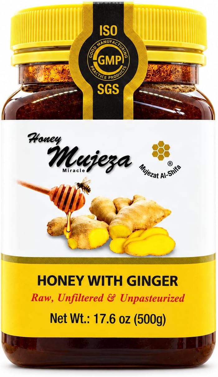 Honey with Ginger - Not Mixed with Oil or Powder - Gluten Free - Non GMO - Immune Booster - 100% Natural Raw Honey 500g / 17.6oz
