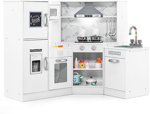 Miniatura 9 de INFANS Juego de cocina esquinera para niños, juego de cocina de madera para niños pequeños con estufa de sonido de luz realista, gabinete de