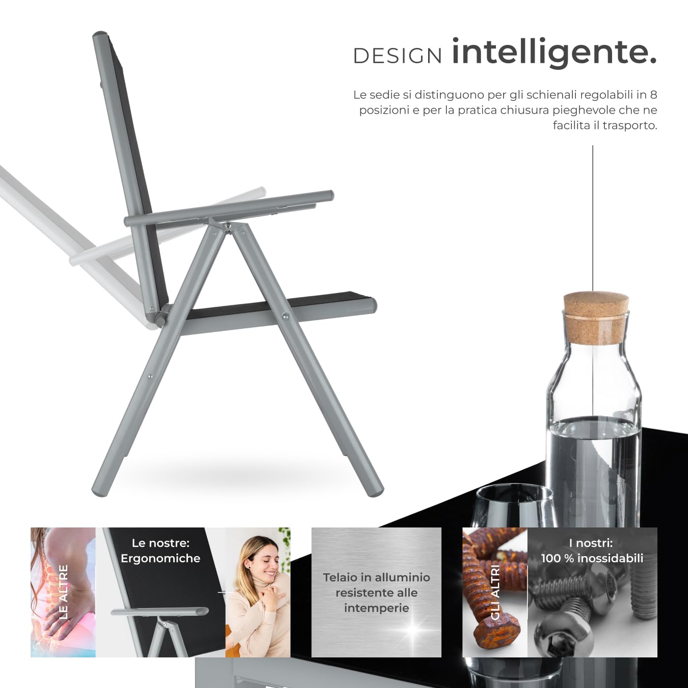 tectake® Set Tavolo da Esterno con Sedie, Telaio Alluminio, 1 Tavolo da Giardino Piano in Vetro, 4 Sedie Pieghevoli, Schienale Reclinabile 8 Posizioni, Set Resistente alle Intemperie - Grigio/Argento