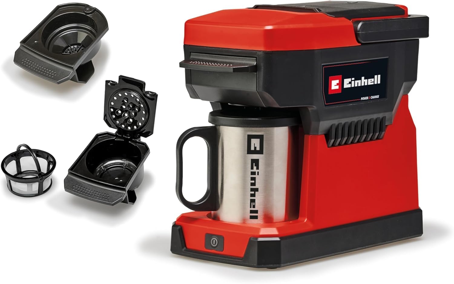 Einhell Cafetera con batería TE-CF 18 Li-Solo | PXC | 18 V | depósito 240 ml | para café filtrado/cápsulas | Asa de transporte | Taza de café con tapa | Sin batería