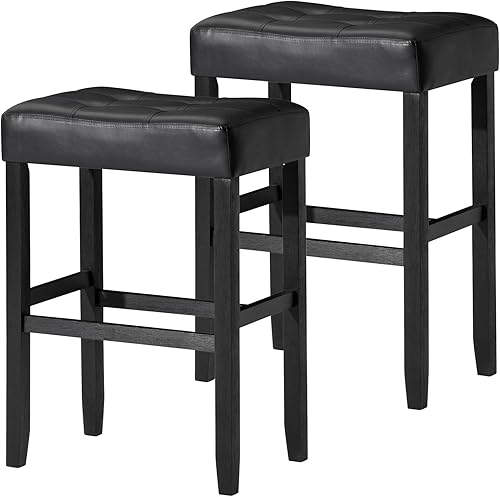 Carte A La Carte Home Harper Taburete de bar en acabado rústico de madera negra con cuero vegano negro envejecido, juego de 2