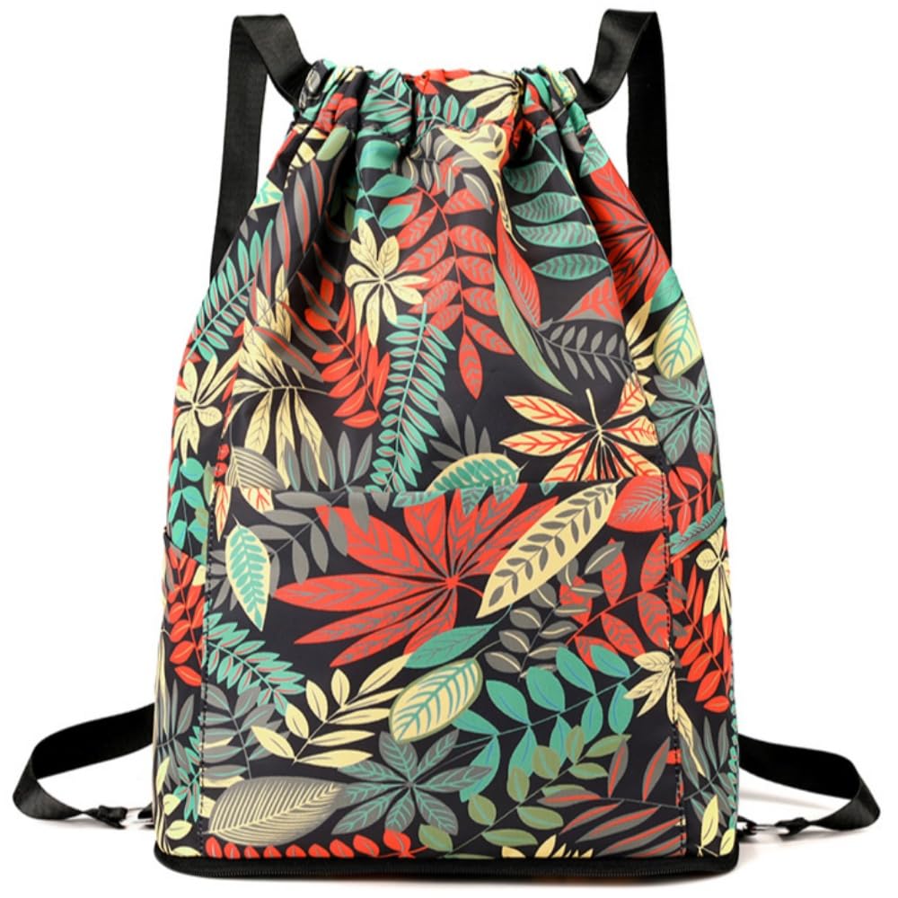 VOPZON Drawstring Foldable Large Capacity Dry-wet Travel Sports Backpack，Lightweight Travel Backpack (Black leaves)