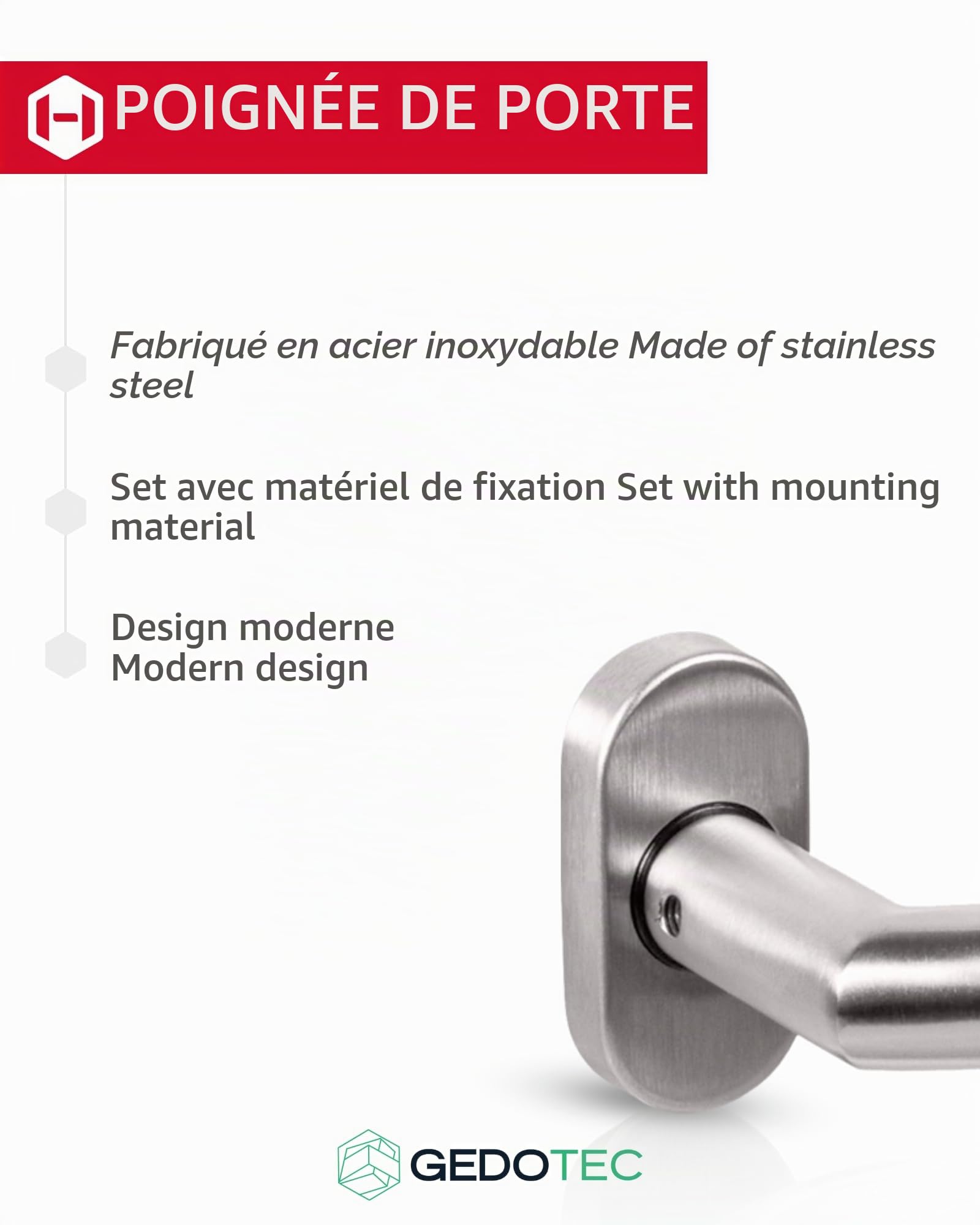 Gedotec Poignee de Porte | Lisbonne | CUBA | 1 Paire | Portail de jardin Ferrure de porte en Acier Inoxydable en Forme de L sur rosace ovale | Garniture de Poignée PZ - Cylindre Profilé