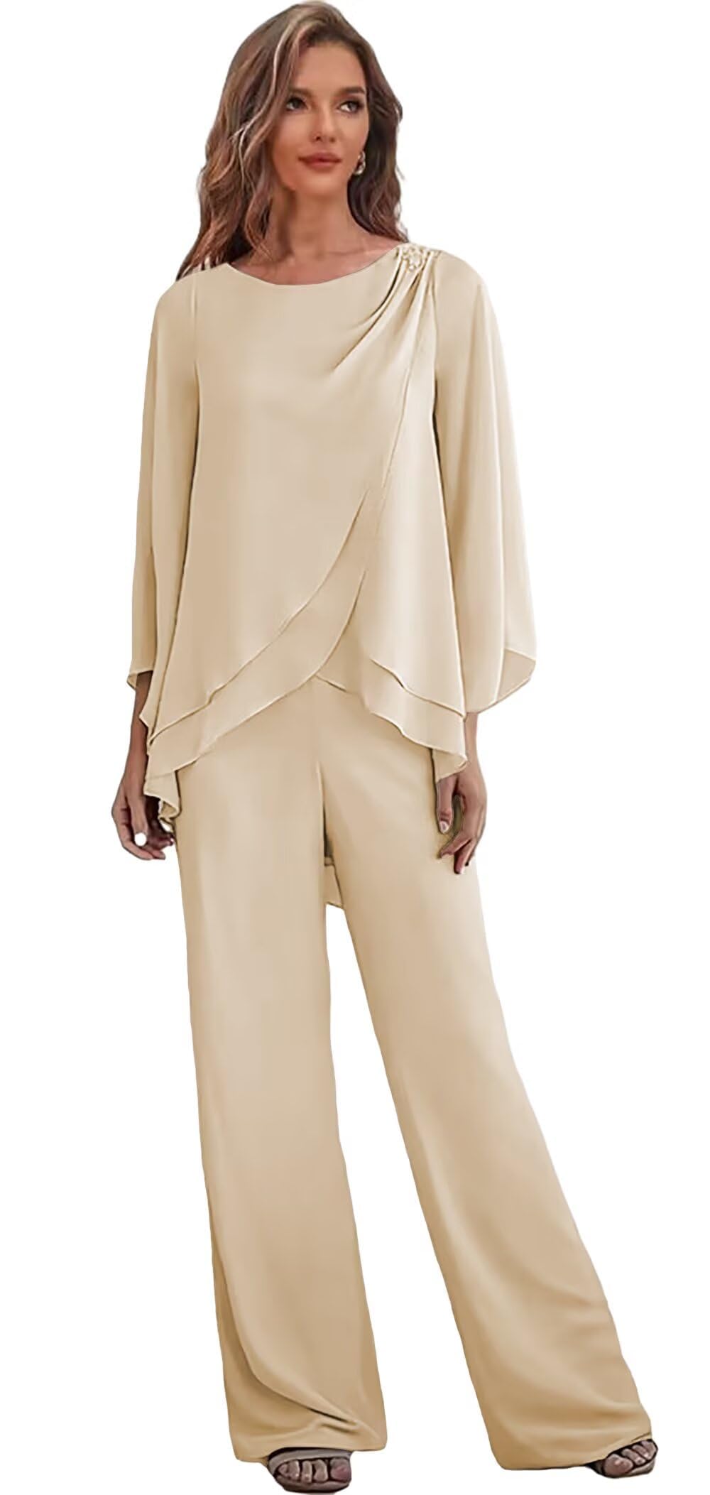 2 Pieces Mother of The Bride Pant Suits Women - Chiffon Lace Applique Ruffle Long Sleeve Wedding Formal