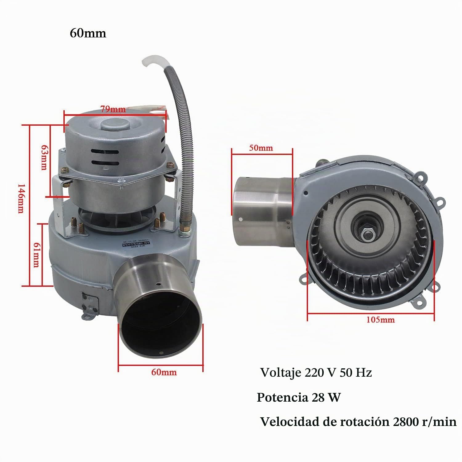 Ventilador centrifugo industrial 230v con tubo antiretorno aire motor radial extractor caldera estufa pellets conducto aire (Izquierda OD60mm 2 Velocidades)