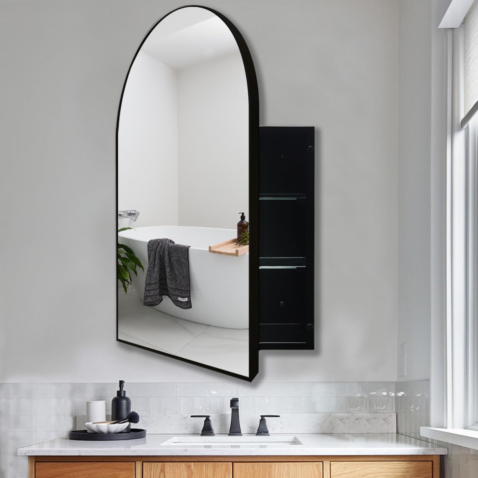 FOMAYKO Arched Bathroom Medicine Cabinet with Mirror & Storage 20x30 Inch - Black Framed Wall-Mounted Mirror Cabinet with Adjustable Shelves for Modern Bathroom