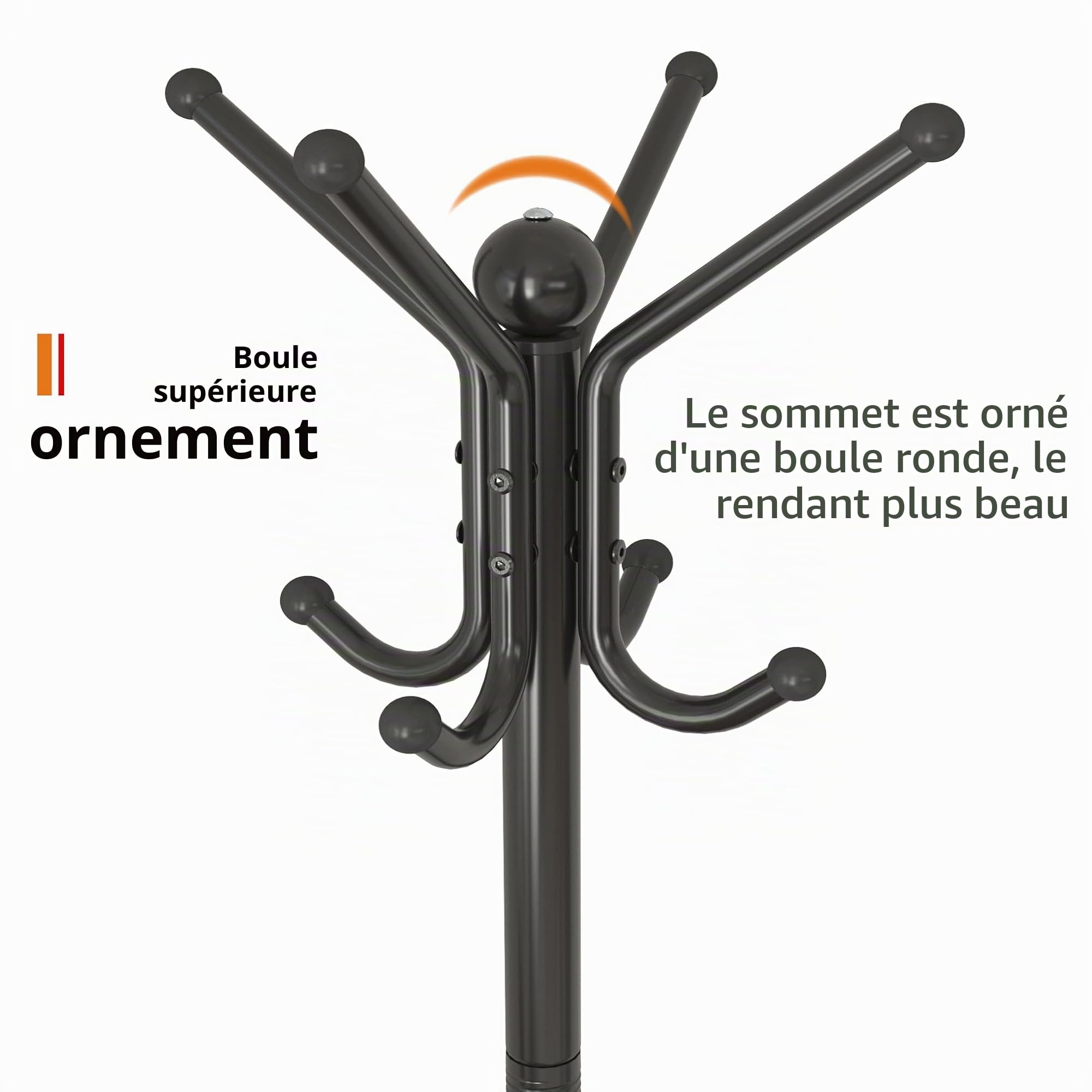 Porte-manteau avec pieds carrés réglables et boule décorative, 178 x 54 x 40 cm, arbre à manteau en métal, robuste et autonome (noir)
