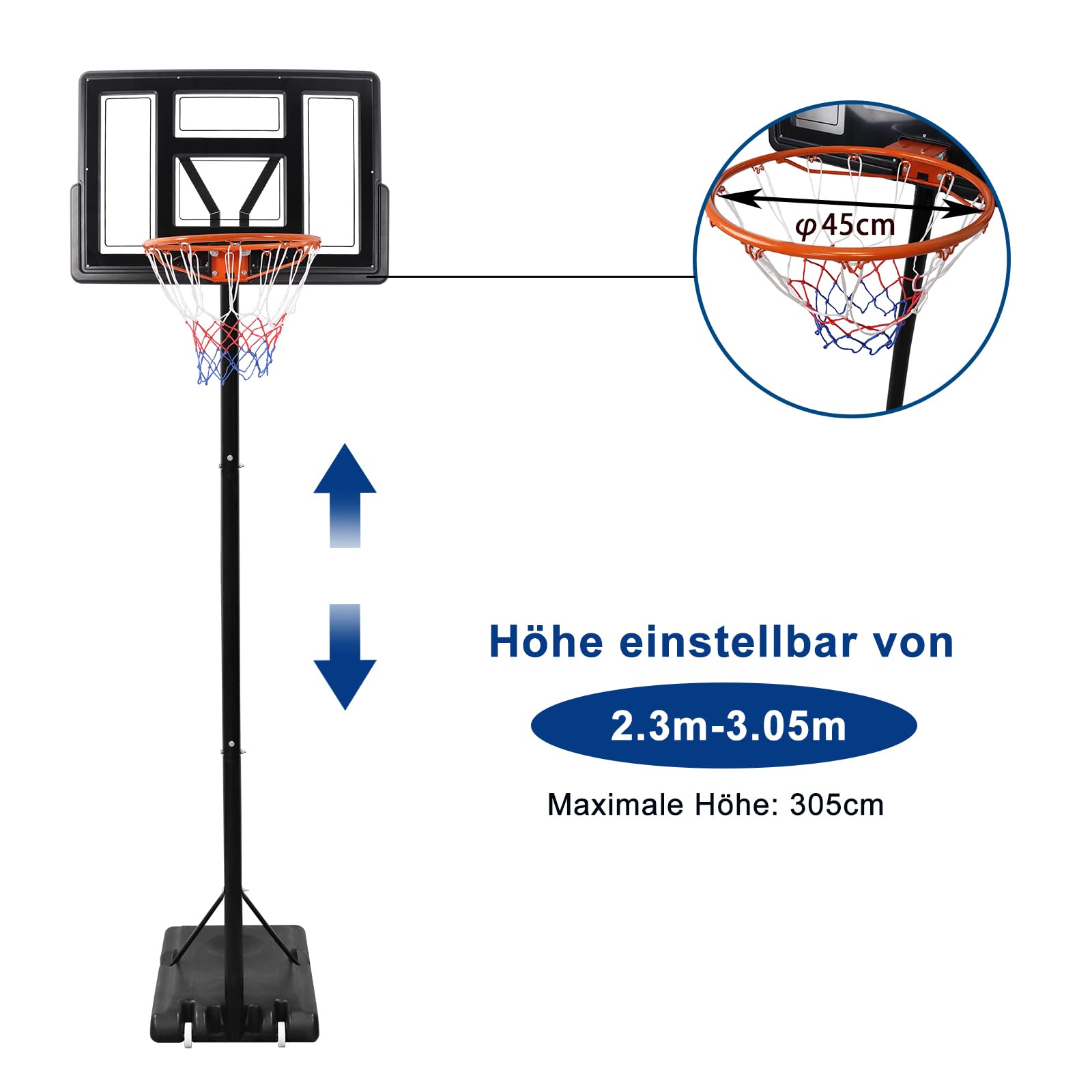 HENGMEI Panier de basket-ball d'extérieur de 3,05 m - Équipement de jeu d'intérieur - Réglable en hauteur - Avec roulettes - Avec support - Pour enfants et adultes - Noir