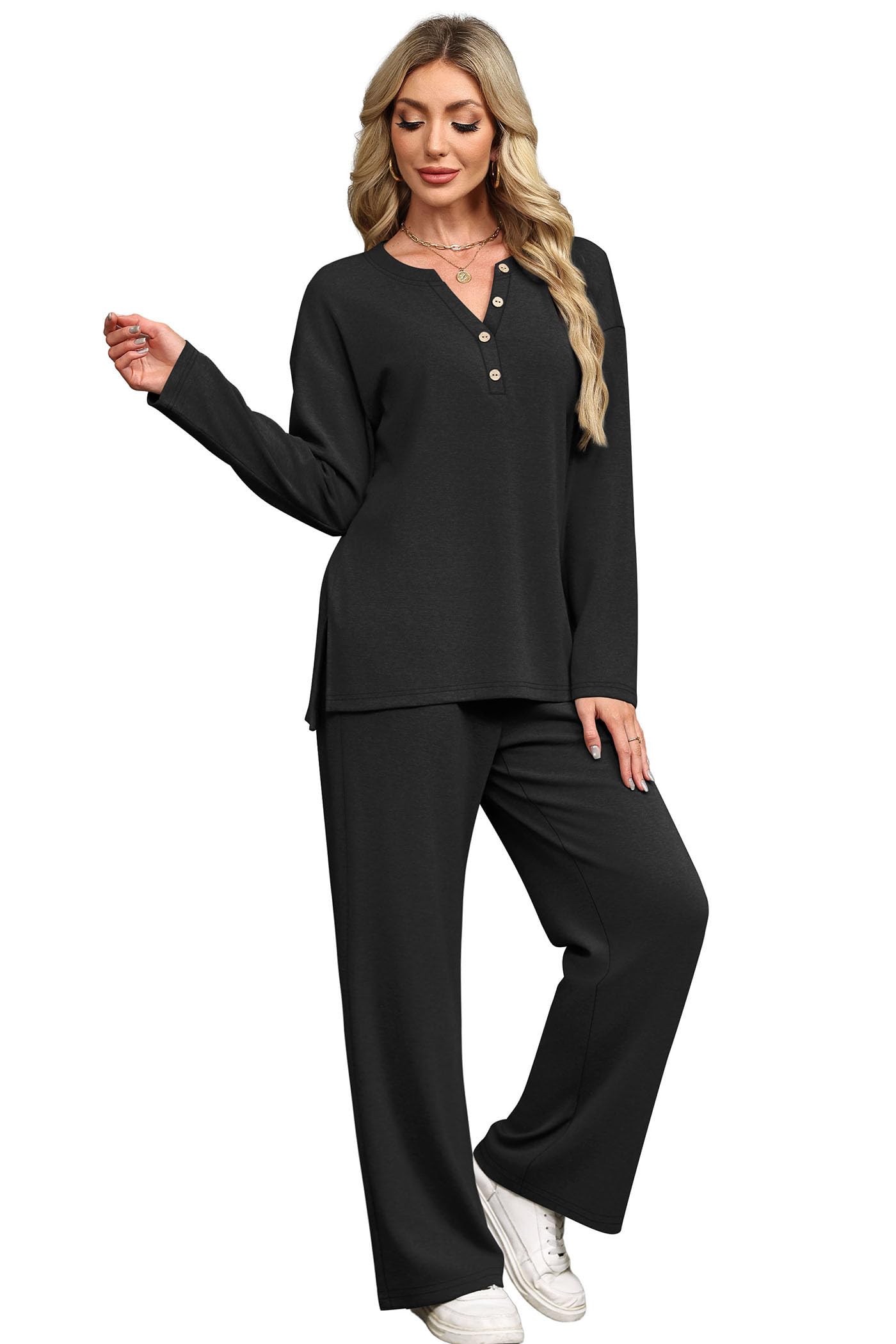 XIEERDUO Lounge Sets for Women 2 Piece V Neck Button Matching Sweatsuit Loungewear Fall Outfits Fashion Clothing Pajamas