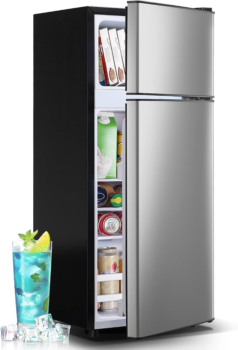 55L Capacity Silver Refrigerator with Freezer Double Door Mini Fridge Small Apartment Refrigerator with 7 Adjustable Temp Control