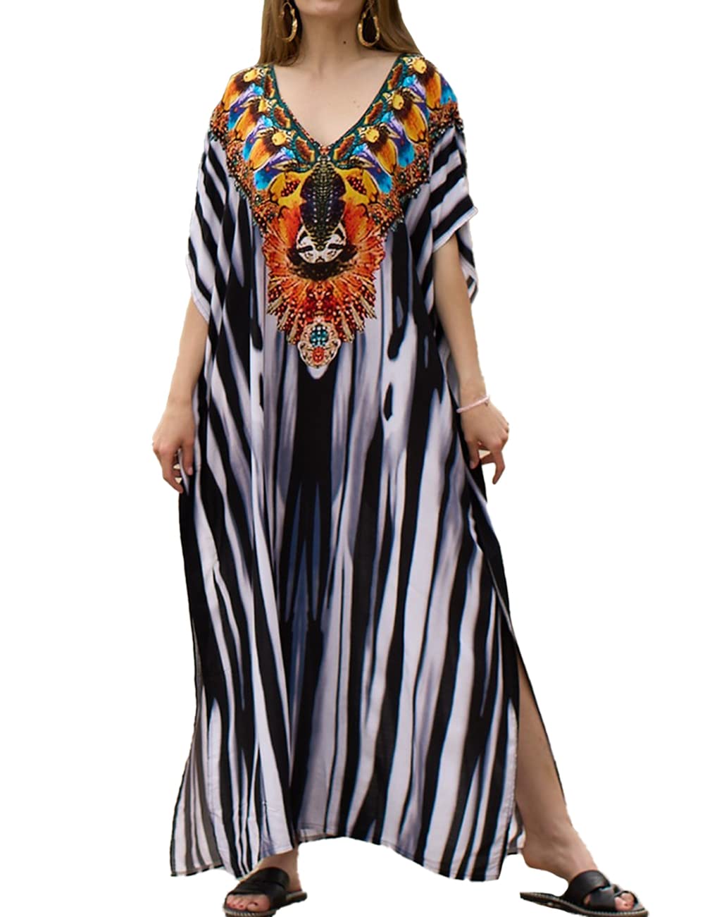 SnyemioWomen Maxi Kimono Kaftan Print Tunic Bohemian Beach Dress Oversized Nightgown Long Loungewear