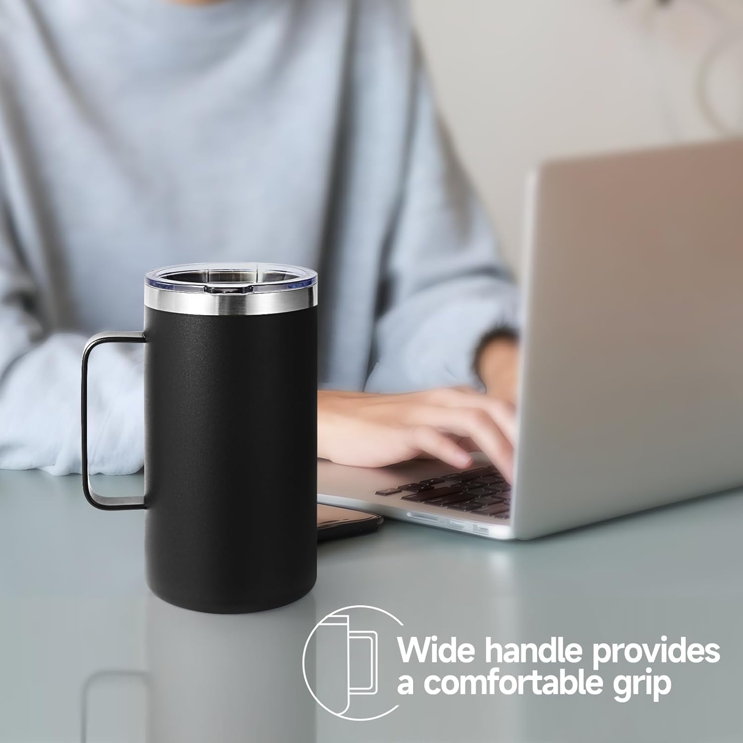 Volhoply 24oz Insulated Coffee Mug with Lid and Straw, Stainless Steel Travel Mugs with Handle, Double Wall Vacuum Leak Proof Coffee Tumbler Cup (Black,1) - Image 2