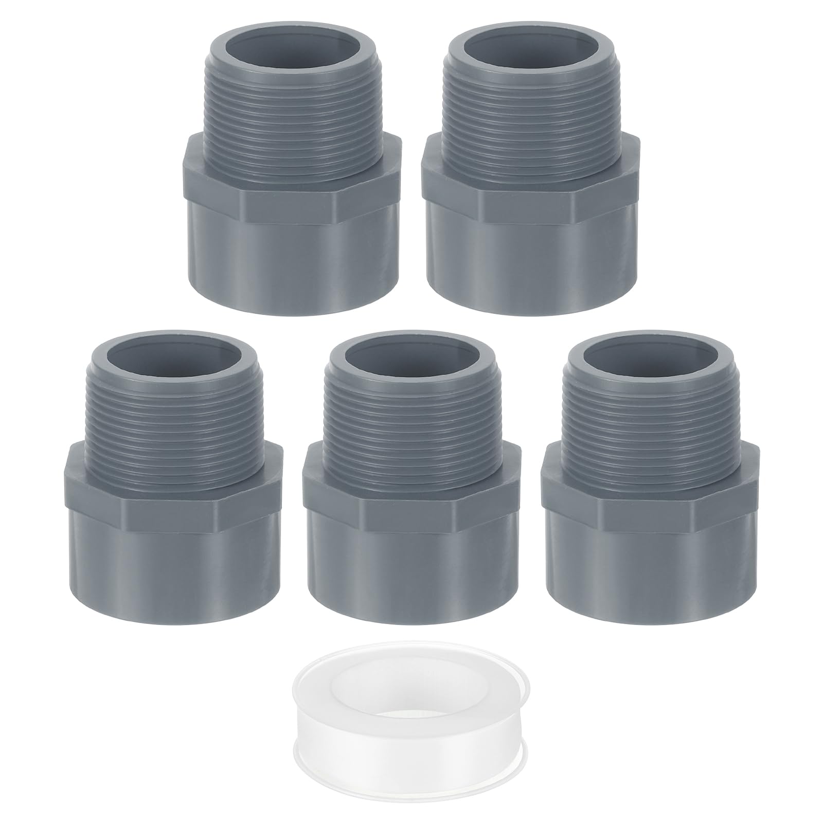 QUARKZMAN Adattatore Maschio in PVC per Tubi, 5Pz Connettori a 2 Vie per Tubi in PVC da 1-1/2" con Nastro Sigillante (Presa x Filettatura Maschio), Accoppiatore Adattatore (Grigio)