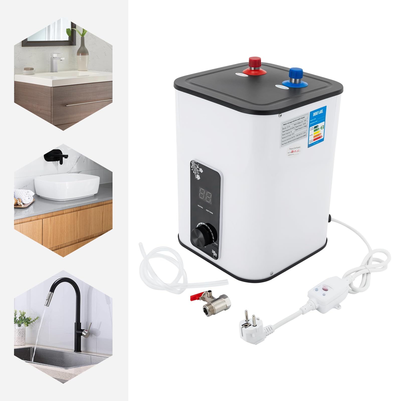 Serbatoio acqua calda da 8 l, scaldabagno istantaneo, 1500 W, con display digitale, scaldabagno elettrico, temperatura regolabile da 0 a 65 °C, per cucina, armadi, bagno