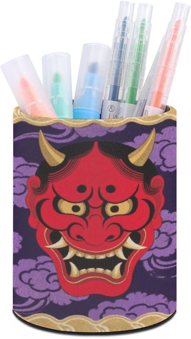 Office Red Oni Mask Desk Organizer Pen Holder Round