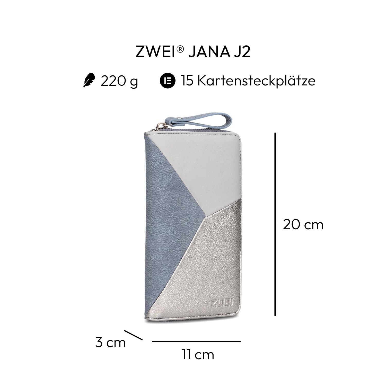 Zwei Damen Geldbörse JANA J2 Wallet 20 x 11 cm hochwertiges Kunstleder im Tricolor-Design, Portemonnaie mit 12 Kartenfächern, Münzfach, Sichtfach für Ausweise, mit umlaufenden Reißverschluss