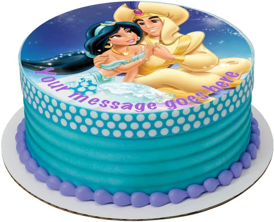Aladdin & Princess Jasmine 19 cm Round Fondant Icing Edible Cake Topper and Printed with Your Custom Greeting -