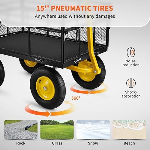 Miniatura 5 de Carrito de jardín resistente con lados de malla extraíble, capacidad de 1400 libras, mango 2 en 1 y neumáticos de 15 pulgadas, perfecto para trabajo