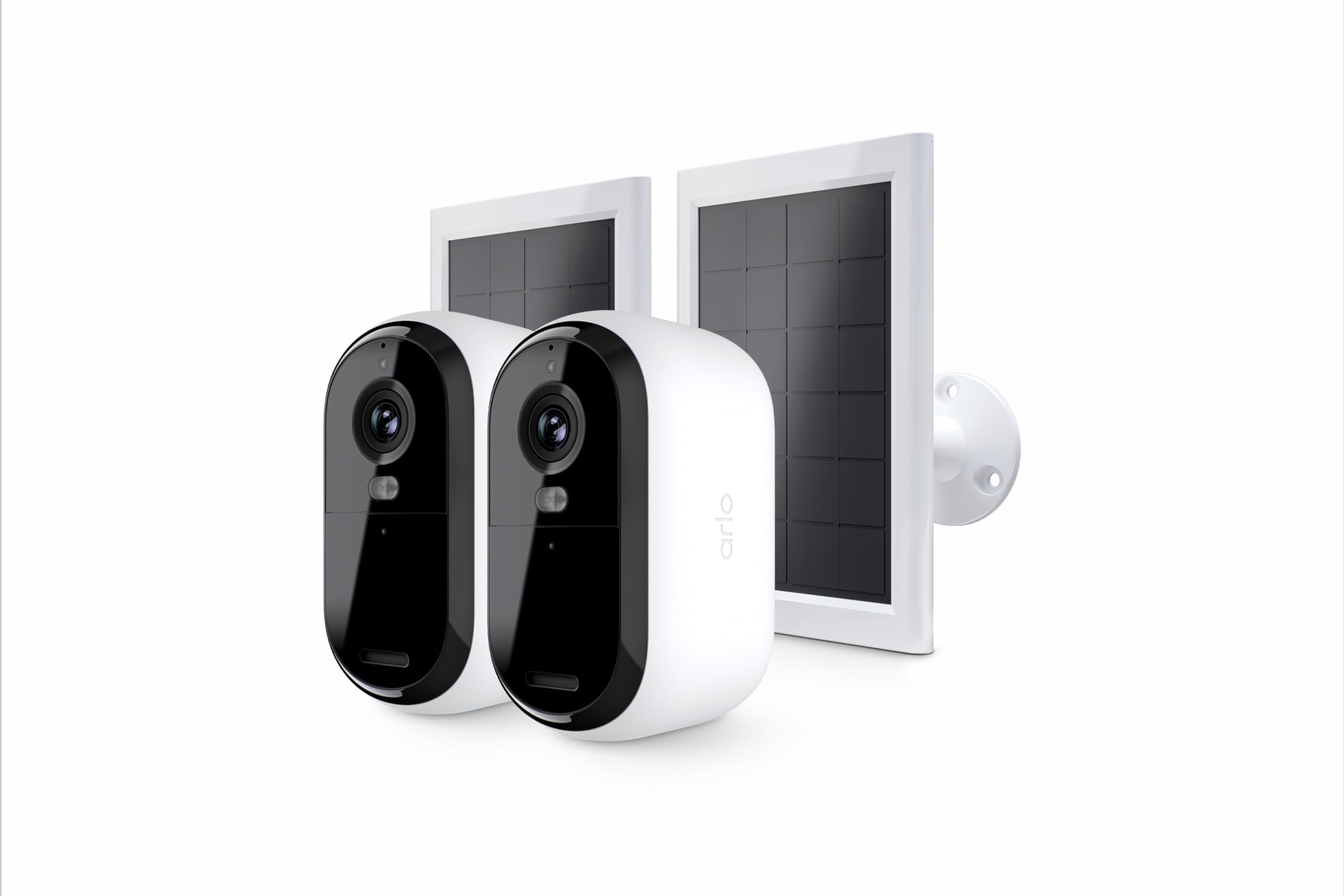 Arlo Essential 2 2K + Panneau Solaire, Caméra de Surveillance WiFi Extérieure Sans Fil, Autonomie de 6 mois, Vision Nocturne Couleur, Audio Bidirectionnel, Essai Arlo Secure Inclus, 2 Caméras Blanc