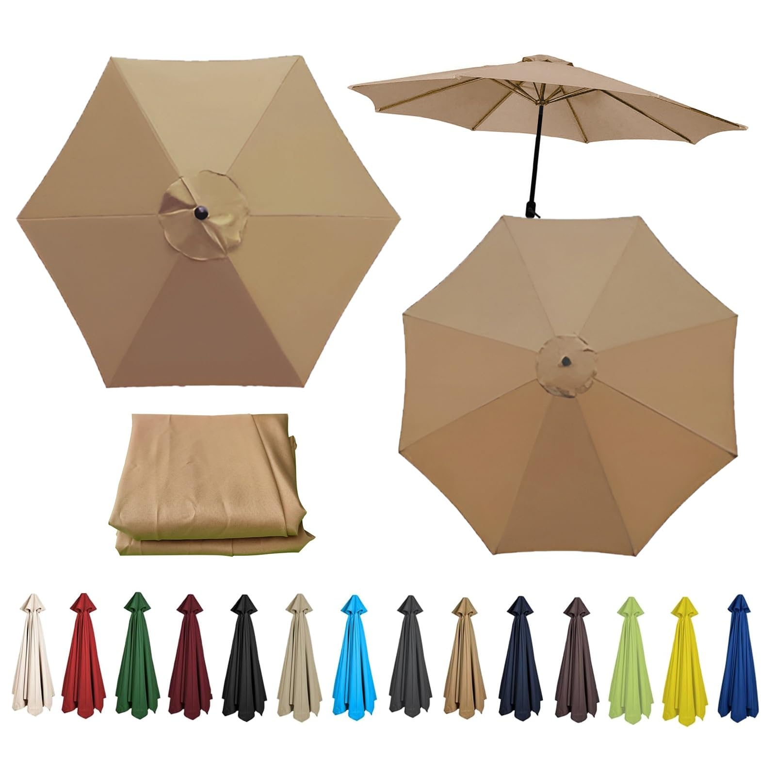 Replacement Parasol Canopy For 200cm - 6Ribs, 270cm - 6Ribs, 270cm - 8Ribs, 300cm - 6Ribs, 300cm - 8Ribs, UV Protective, Waterproof, Canopy Cover Fit Outdoor Garden Market Table Parasol(Color:Khaki,Si
