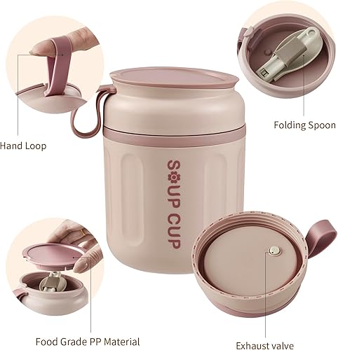 Miniatura 3 de Tarro aislado para alimentos con cuchara, recipiente térmico para alimentos fríos y calientes de 17 onzas, boca ancha, a prueba de fugas, acero