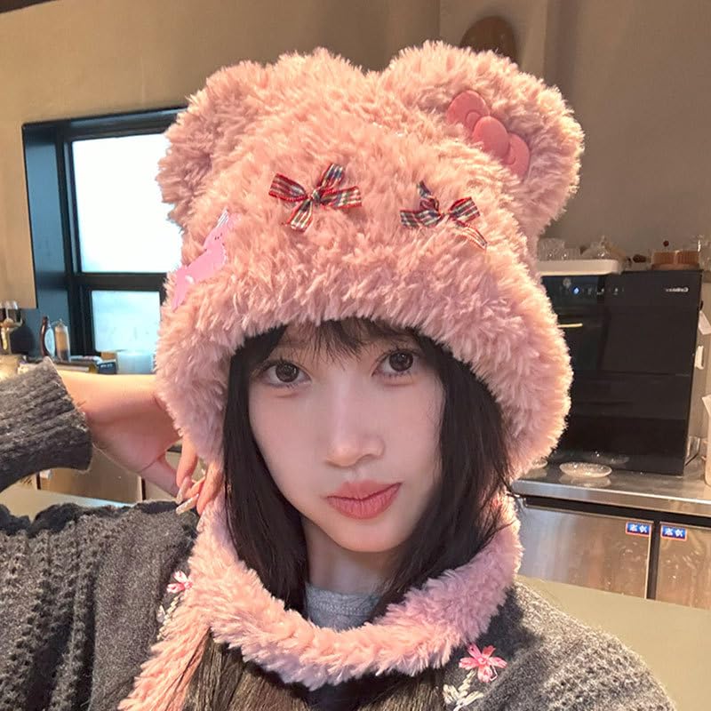 1-3 PIÈCES Mignon Bonnet Oreillettes Chapeaux Bowknot Déco en Peluche Tricoté Femmes Chapeau d'hiver Taille Unique Adultes Enfants Bonnet Moelleux