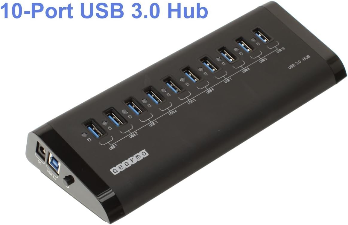 Gearmo USB 3.0 10 Port Hub, with 12V 3A Power Adapter and 4ft USB 3.0 Cable