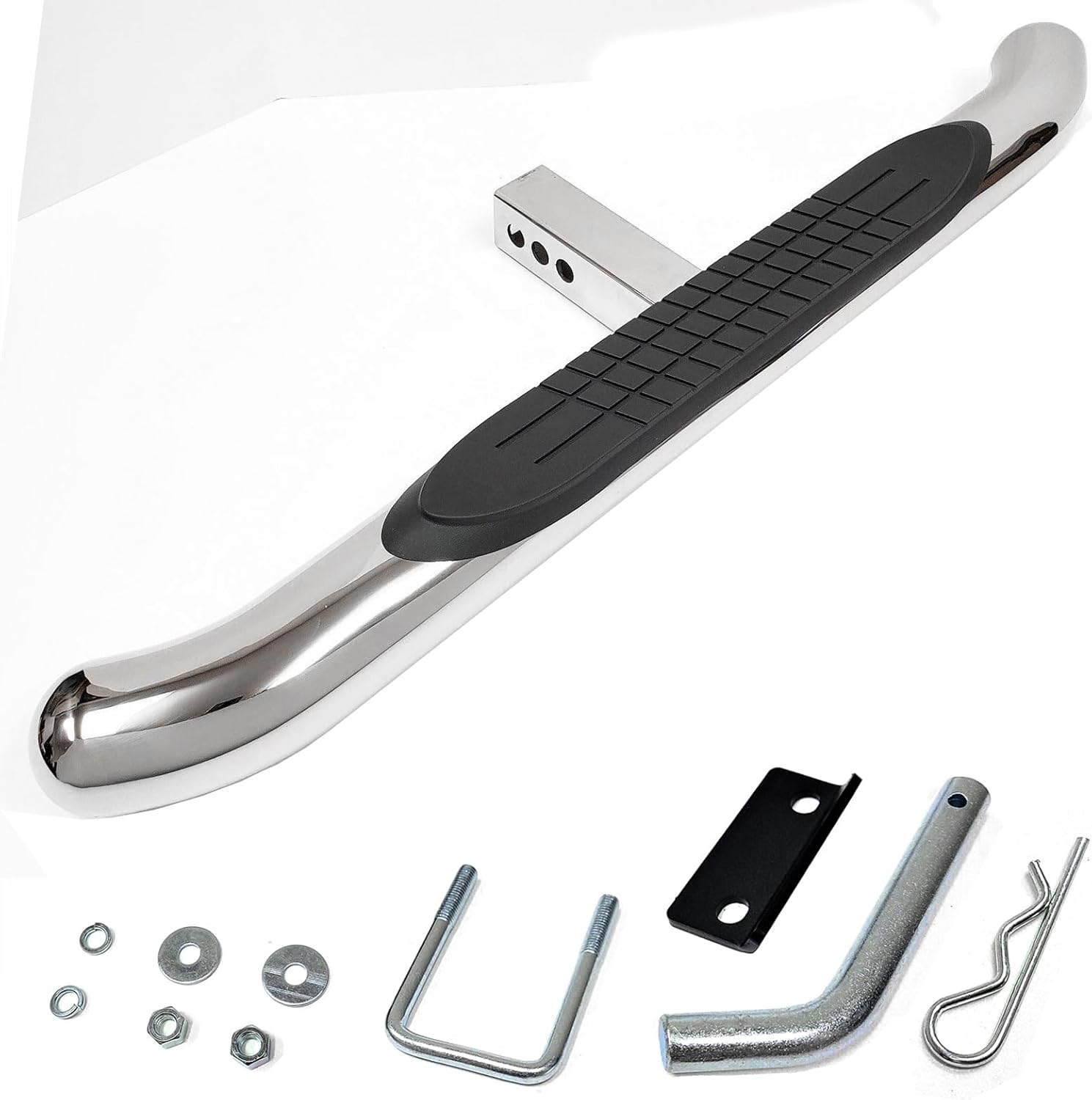 Stainless Steel 36" Round End Curved Oval Tube with Plastic Step Pad Tow Hitch Step w/Hitch Pin & Anti-Rattle Plate fits 2" Receiver SUV Truck Trailer / 350lb Weight Capacity