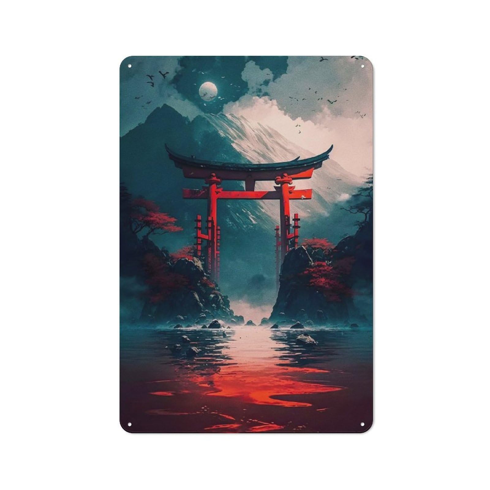 Junmoney Full Moon Pagodas Rustic Metal Wall Sign 30X20cm Featuring For Pub Or Café, For Vintage Wall Decor Fans, For Metal Sign Collectors