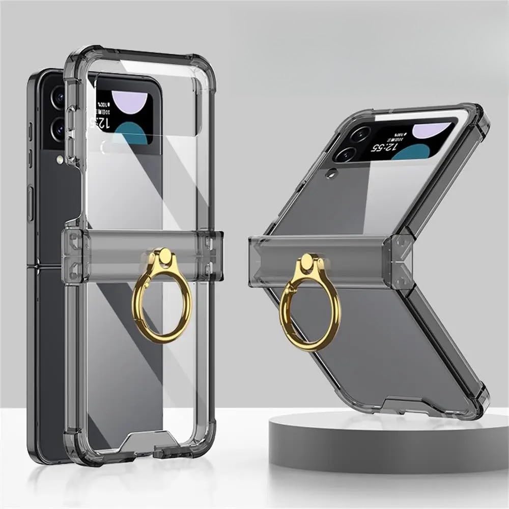 Supporto ad anello trasparente con cerniera pieghevole per Samsung Galaxy Z Flip 5 4 3 Custodia rigida in silicone a quattro angoli, nero, per Galaxy Z Flip 5
