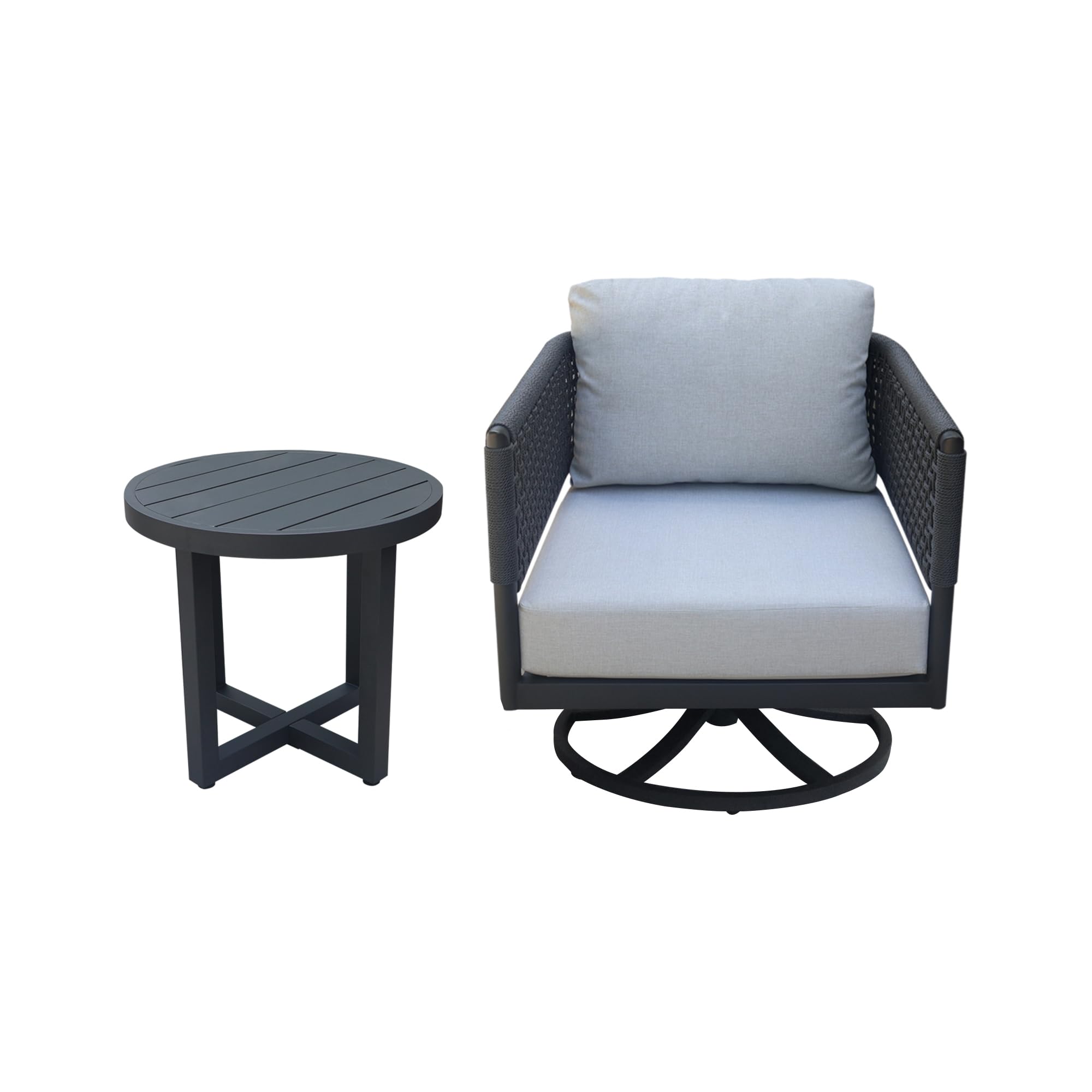 Juego de muebles de patio de 2 piezas de cuerda de abaca tejida para exteriores con una mesa auxiliar y mecedora giratoria, marco de aluminio con recubrimiento en polvo, 22