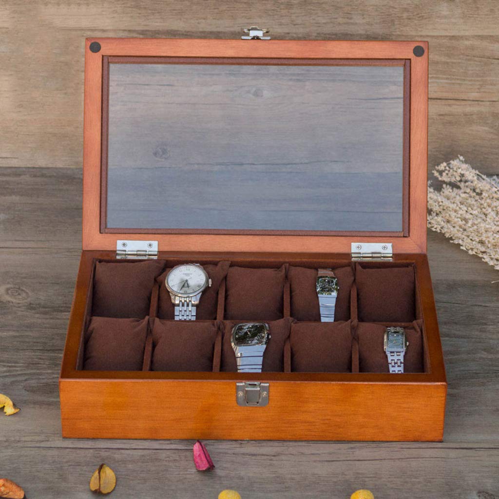MUSUMI Caja de reloj de Madera Vitrina de almacenamiento de joyas Bandeja de pulsera con 10 almohadas de almacenamiento extraíbles, organizador de gemelos con cierre de Metal y vidrio Superior