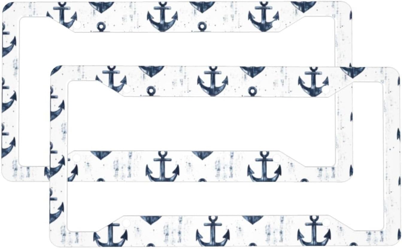 2 Pcs Car License Plate Frames for Women Men – Vintage Ship Anchor Print Solid Aluminum License Plate Cover for Car Accessories for Women Men with