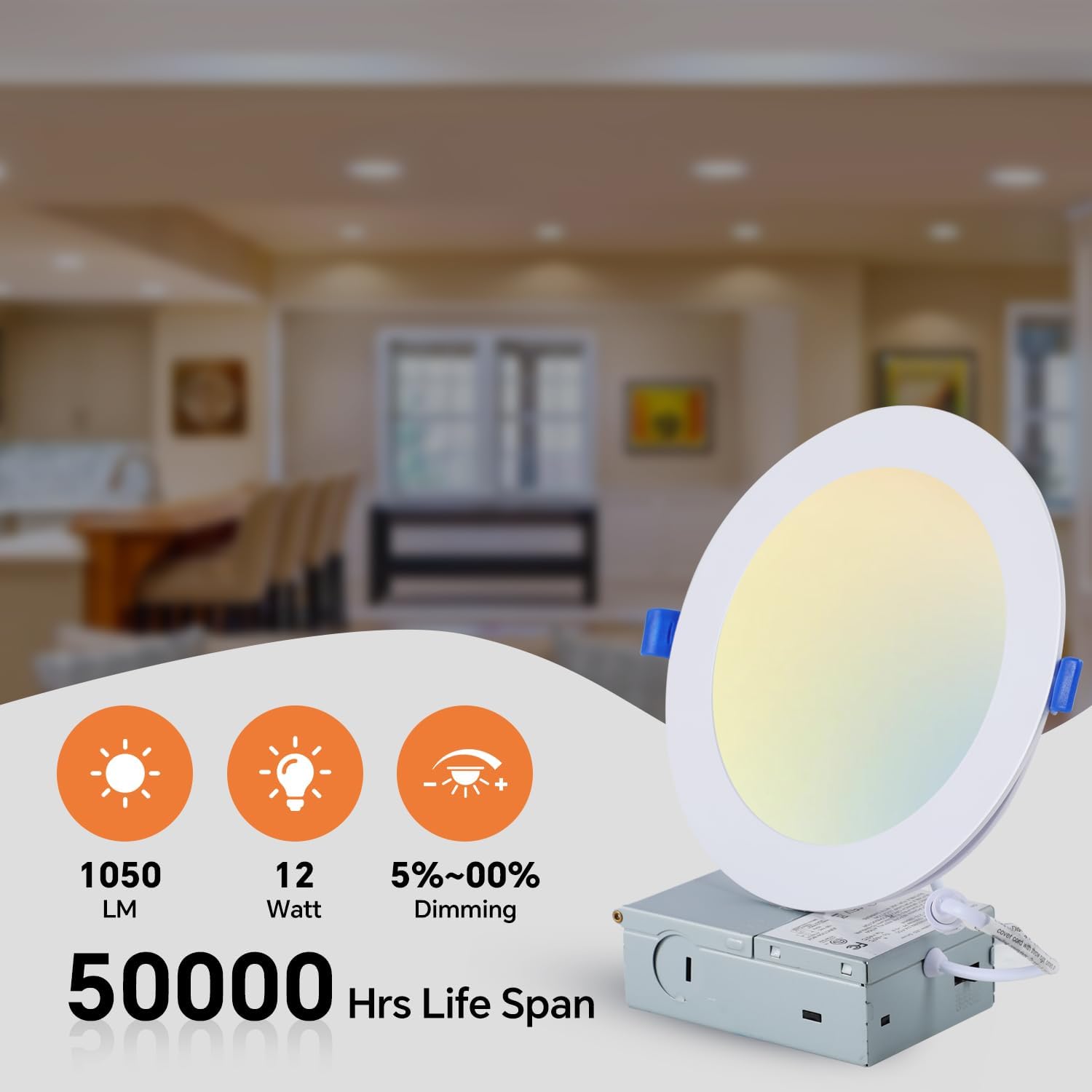 Simple Deluxe 12 Pack 6 Inch Ultra-Thin Recessed Ceiling Light with Junction Box,2700K-5000K 5CCT,1050LM 12W Eqv 110W Brightness Dimmable Canless Wafer Downlight ETL&FCC
