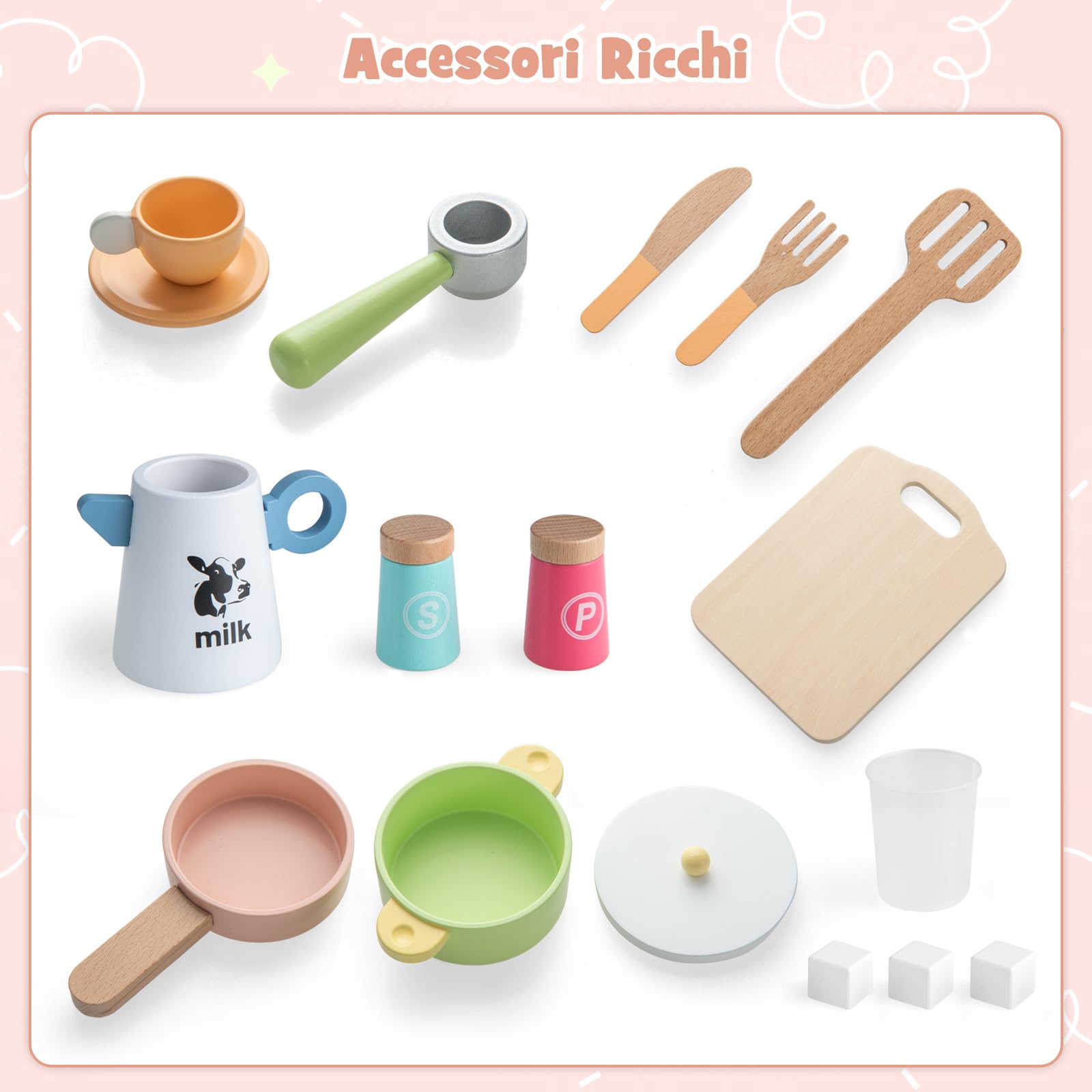 COSTWAY Set da Cucina per Bambini, Cucina Giocattolo in Legno con Microonde, Macchina del Caffè, Cucinetta Giocattolo con Tende, per Bambini 3+ Anni (Rosa)