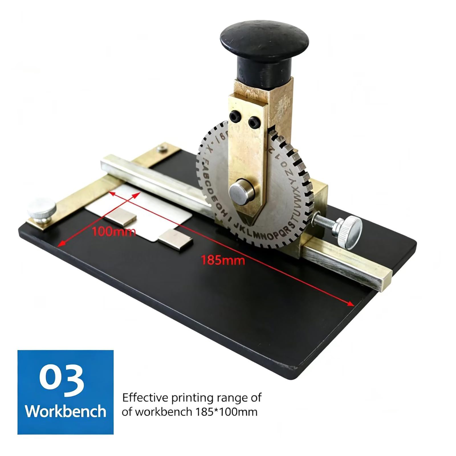 Ręczne oznakowanie tłoczenia metalu, rejestrator 40 znaków z urządzeniem pozycjonującym, obszar wydruku: 185x100 mm, Średnica: 84 mm, twardość: 58-60HV, dla aluminium, mosiądzu i PVC