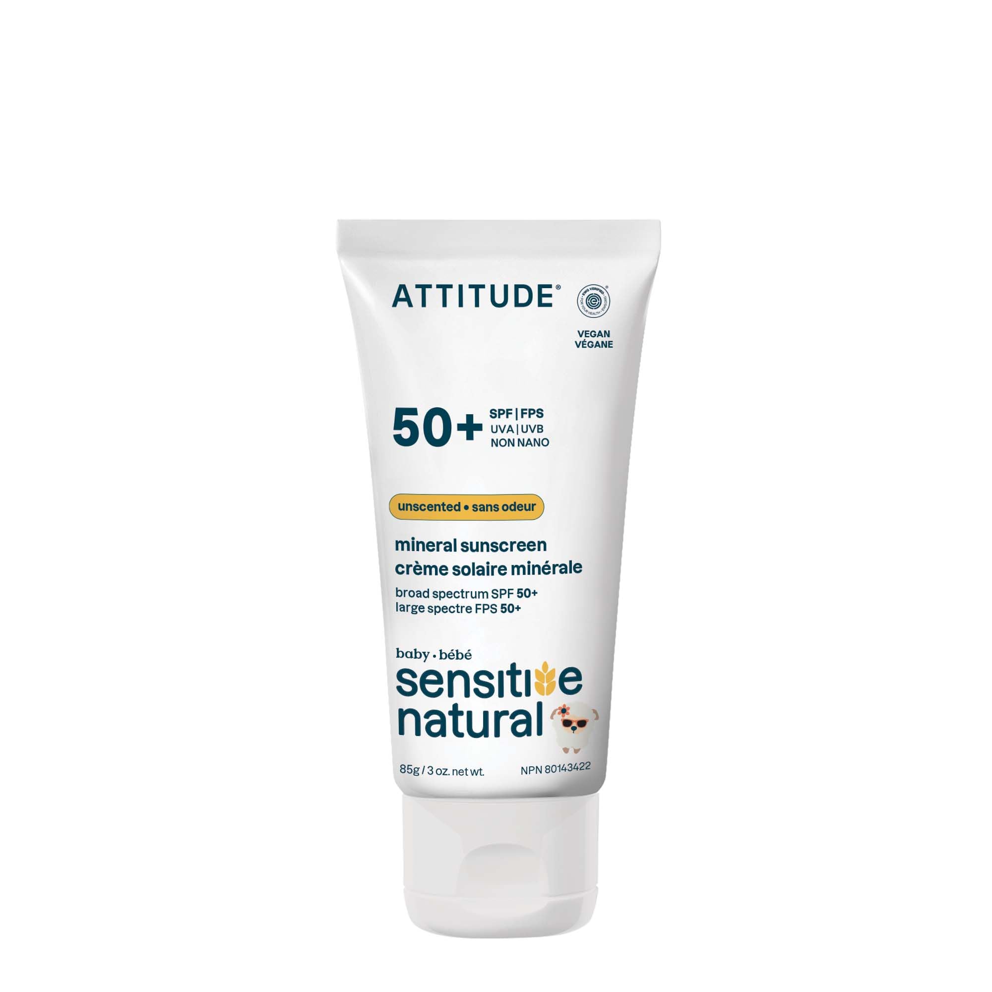 ATTITUDE Sensitive Skin Baby Mineral Sunscreen SPF 50, Broad Spectrum Zinc Oxide, EWG Verified, Mineral-Based, Non-Nano, Lightweight Cream for Face & Body, Unscented, 80 grams