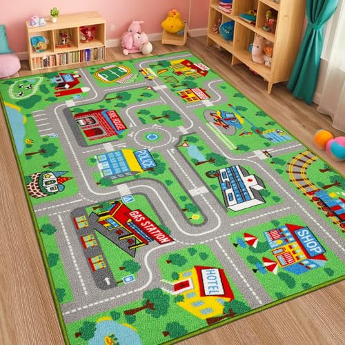 Capslpad Kinderteppich 100x160cm rutschfest Stadtplan Spielteppich Pädagogischer Spielteppich Maschinenwaschbar Kurzer Flor Autoteppich Kinder für Kinderzimmer Schlafzimmer Spielzimme Grün